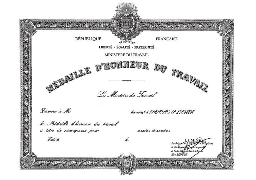 Diplôme de la médaille d'honneur du travail